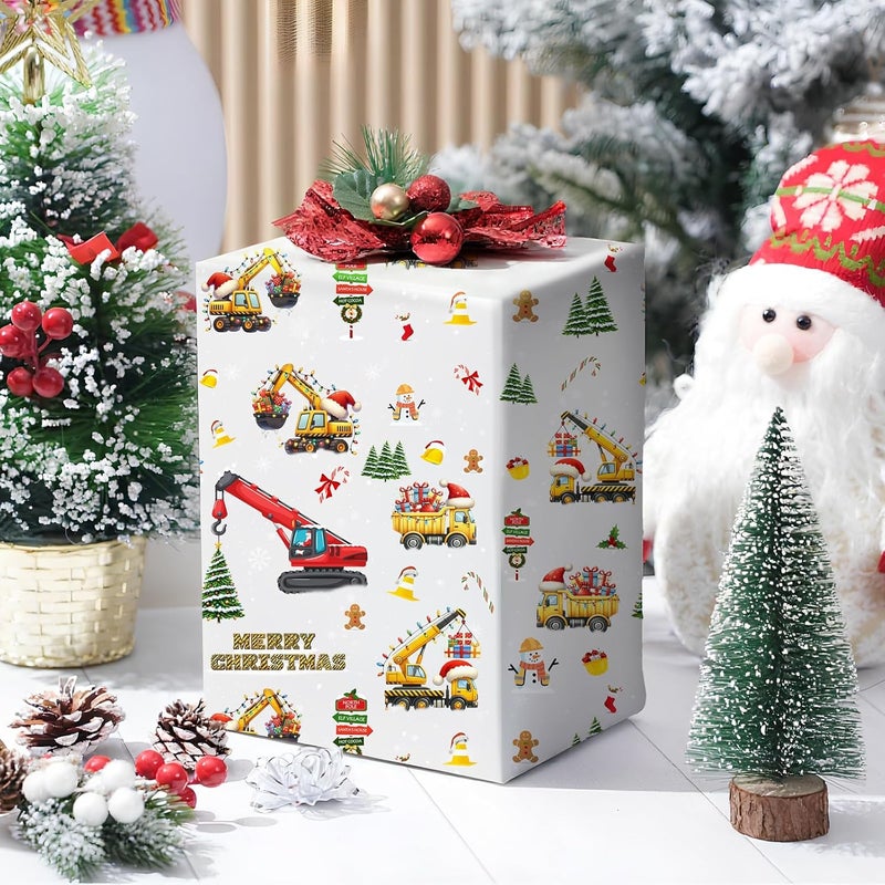 ZINTBIAL Construction Truck Christmas Wrapping Paper - Xmas Gift Wrap with Excavators, Santa,Trees, Snowmen & Gingerbread Men Design - for Kids & Adults Gift Wrapping - 40×28 Inches, 4 Folded Sheets - Image 4